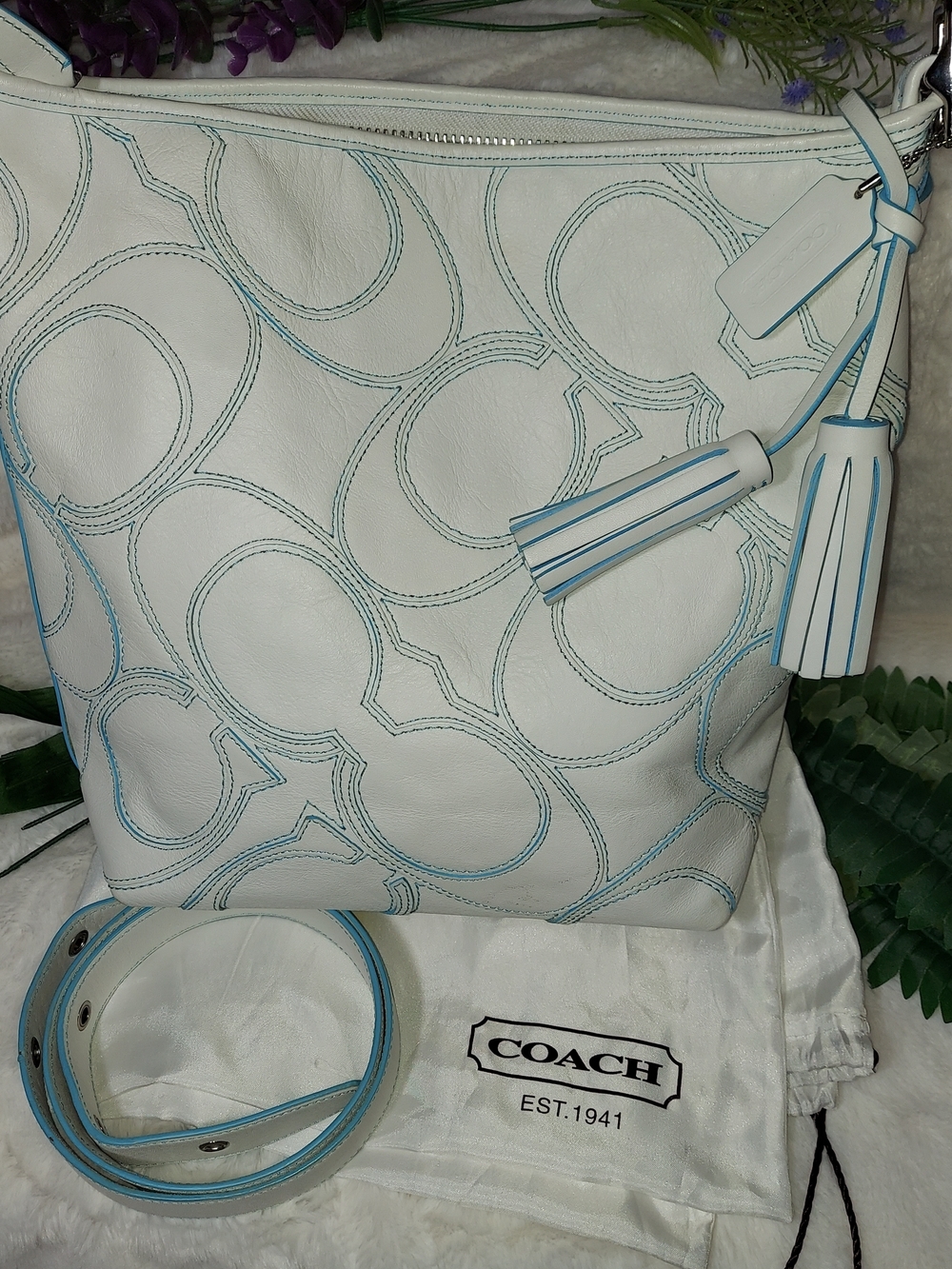 Rare Coach Leather Bag with Light Blue Trim